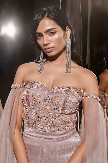 Masumi Mewawalla_Brown Net Embroidery Sweetheart Neck, Off-shoulder Side Drape Off Jumpsuit _Online_at_Aza_Fashions