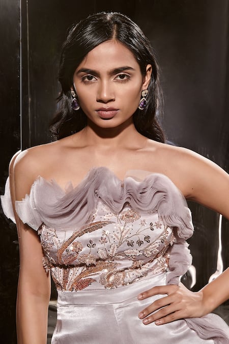 Buy_Masumi Mewawalla_Purple Net Sequins Off-shoulder Layered Ruffle Trim Jumpsuit _Online_at_Aza_Fashions