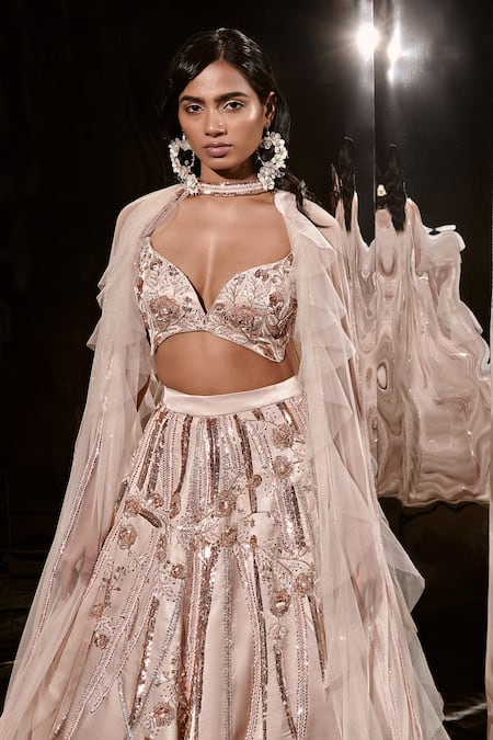 Shop_Masumi Mewawalla_Pink Net, Silk Sequins Sheer Ruffle Cape With Embroidered Lehenga Set _Online_at_Aza_Fashions