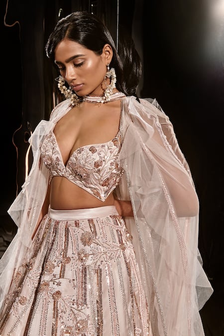 Masumi Mewawalla_Pink Net, Silk Sequins Sheer Ruffle Cape With Embroidered Lehenga Set _Online_at_Aza_Fashions