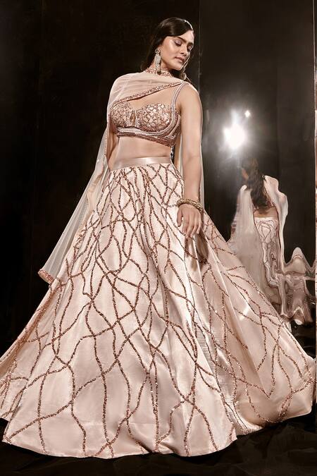Masumi Mewawalla Beige Maheshwari, Net, Silk Sequins, Cut Work, Checkered Pattern Lehenga Set Online at Aza Fashions Masumi Mewawalla_Beige Maheshwari, Net, Silk Sequins, Cut Work, Checkered Pattern Lehenga Set _Online_at_Aza_Fashions
