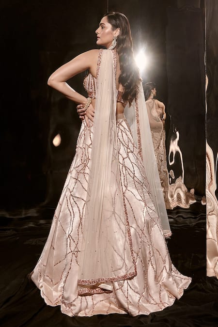 Buy Masumi Mewawalla Beige Maheshwari, Net, Silk Sequins, Cut Work, Checkered Pattern Lehenga Set Online at Aza Fashions Buy_Masumi Mewawalla_Beige Maheshwari, Net, Silk Sequins, Cut Work, Checkered Pattern Lehenga Set _Online_at_Aza_Fashions