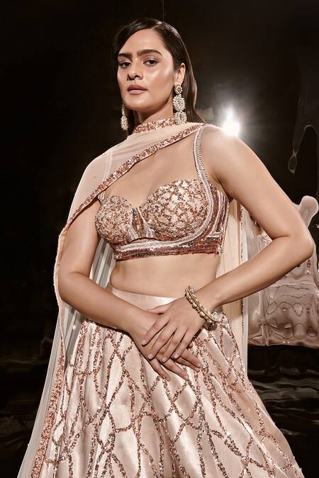 Shop Masumi Mewawalla Beige Maheshwari, Net, Silk Sequins, Cut Work, Checkered Pattern Lehenga Set Online at Aza Fashions Shop_Masumi Mewawalla_Beige Maheshwari, Net, Silk Sequins, Cut Work, Checkered Pattern Lehenga Set _Online_at_Aza_Fashions