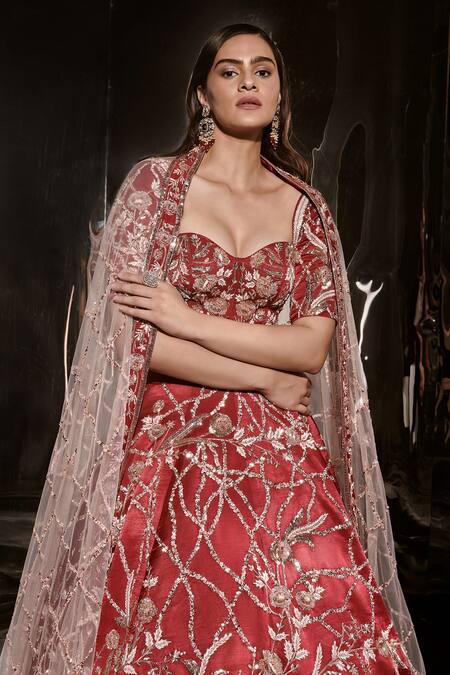 Masumi Mewawalla Red Net, Silk Cut Work, Sequins Sweetheart Neck Embroidered Bridal Lehenga Set at Aza Fashions Masumi Mewawalla_Red Net, Silk Cut Work, Sequins Sweetheart Neck Embroidered Bridal Lehenga Set _at_Aza_Fashions
