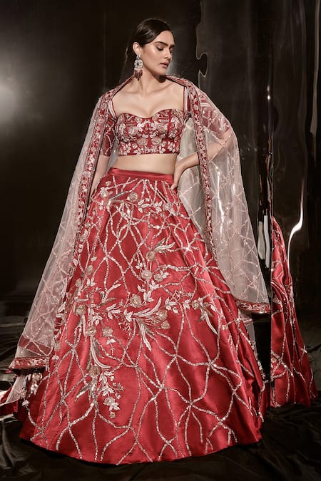 Shop Masumi Mewawalla Red Net, Silk Cut Work, Sequins Sweetheart Neck Embroidered Bridal Lehenga Set Online at Aza Fashions Shop_Masumi Mewawalla_Red Net, Silk Cut Work, Sequins Sweetheart Neck Embroidered Bridal Lehenga Set _Online_at_Aza_Fashions