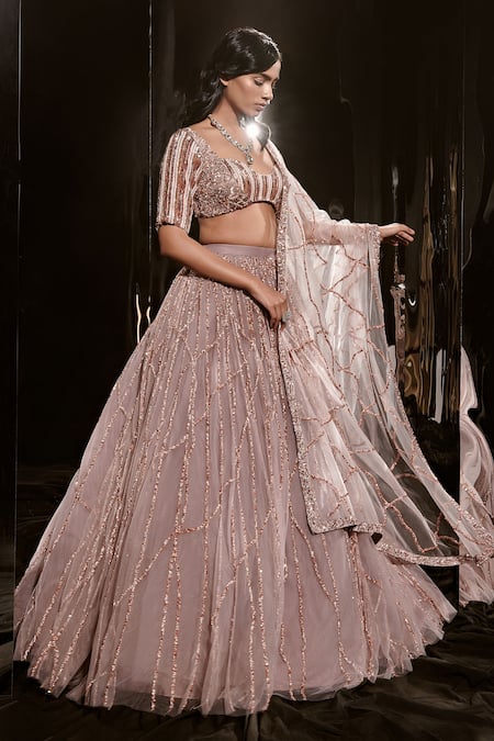 Masumi Mewawalla_Brown Net Sequins Sweetheart Neck Cluster Embellished Lehenga Set _Online_at_Aza_Fashions