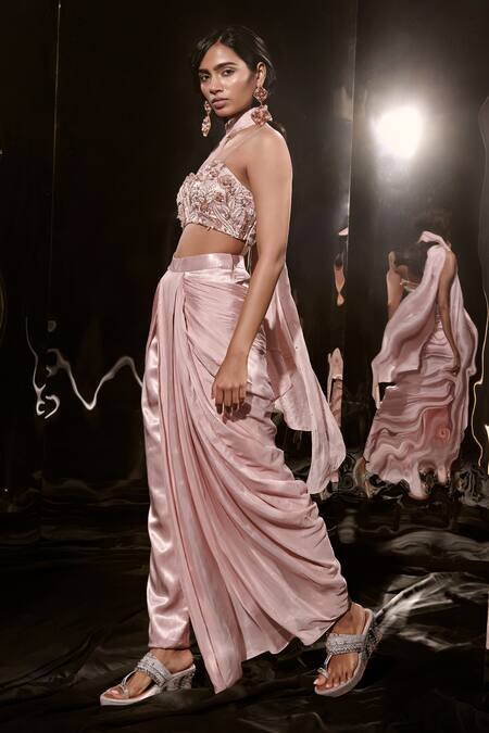 Masumi Mewawalla Pink Net, Silk Sequins, Crystals, Cut Work Embroidered Blouse Draped Pant Set at Aza Fashions Masumi Mewawalla_Pink Net, Silk Sequins, Crystals, Cut Work Embroidered Blouse Draped Pant Set _at_Aza_Fashions