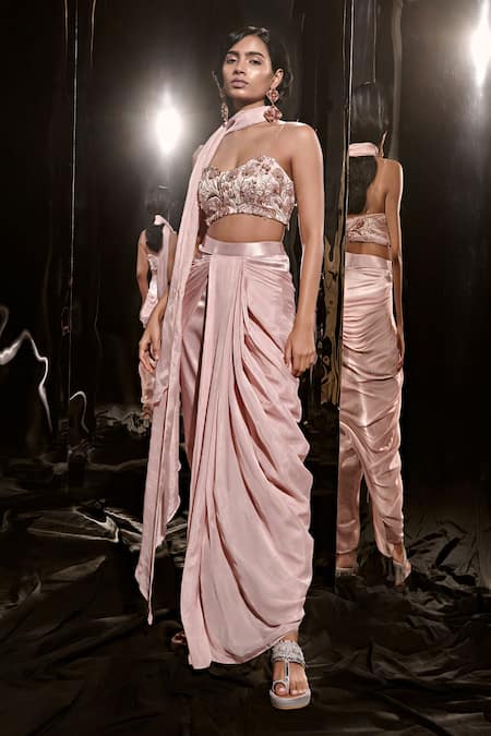 Buy Masumi Mewawalla Pink Net, Silk Sequins, Crystals, Cut Work Embroidered Blouse Draped Pant Set Online at Aza Fashions Buy_Masumi Mewawalla_Pink Net, Silk Sequins, Crystals, Cut Work Embroidered Blouse Draped Pant Set _Online_at_Aza_Fashions