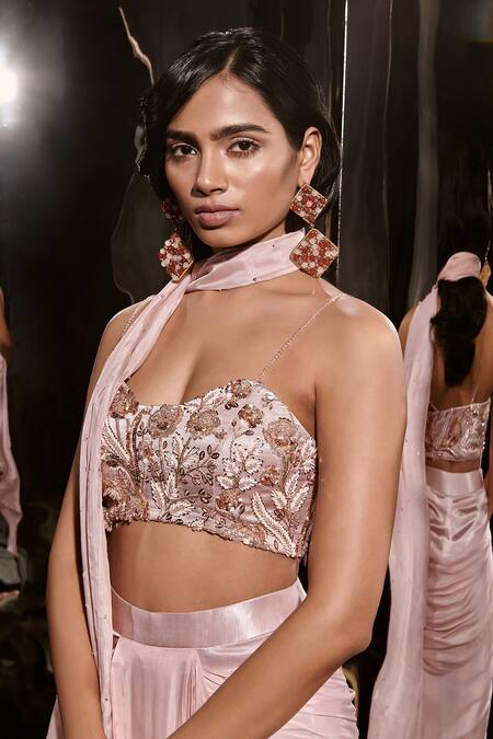 Shop Masumi Mewawalla Pink Net, Silk Sequins, Crystals, Cut Work Embroidered Blouse Draped Pant Set Online at Aza Fashions Shop_Masumi Mewawalla_Pink Net, Silk Sequins, Crystals, Cut Work Embroidered Blouse Draped Pant Set _Online_at_Aza_Fashions