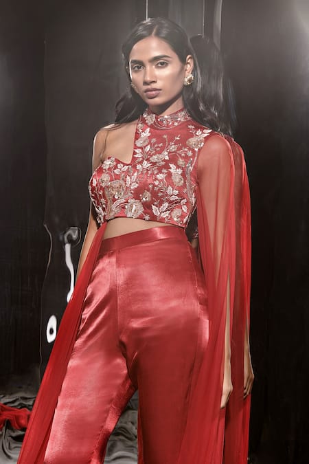 Masumi Mewawalla_Red Net, Linen, Silk Sequins High Neck Flower Embroidered Drape Blouse With Pant _Online_at_Aza_Fashions