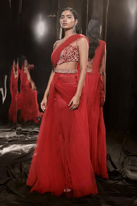 Masumi Mewawalla_Red Net, Silk Sequins Sweetheart Neck Pre-draped Sharara Pant Saree And Blouse Set _Online_at_Aza_Fashions