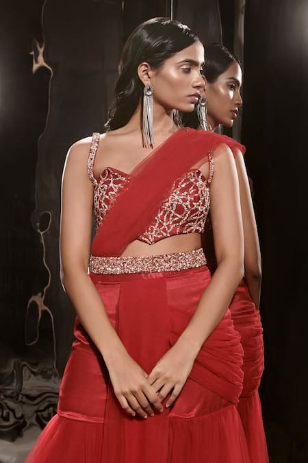 Buy_Masumi Mewawalla_Red Net, Silk Sequins Sweetheart Neck Pre-draped Sharara Pant Saree And Blouse Set _Online_at_Aza_Fashions