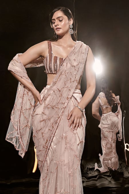 Masumi Mewawalla Pink Net, Silk, Linen Sequins, Cut Pre-draped Embellished Saree With Blouse Online at Aza Fashions Masumi Mewawalla_Pink Net, Silk, Linen Sequins, Cut Pre-draped Embellished Saree With Blouse _Online_at_Aza_Fashions