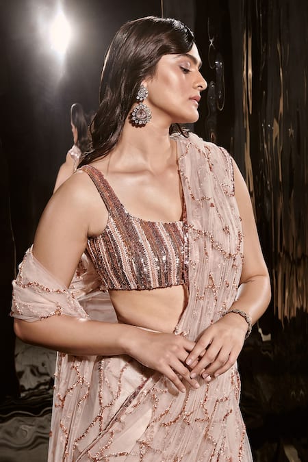 Shop Masumi Mewawalla Pink Net, Silk, Linen Sequins, Cut Pre-draped Embellished Saree With Blouse Online at Aza Fashions Shop_Masumi Mewawalla_Pink Net, Silk, Linen Sequins, Cut Pre-draped Embellished Saree With Blouse _Online_at_Aza_Fashions