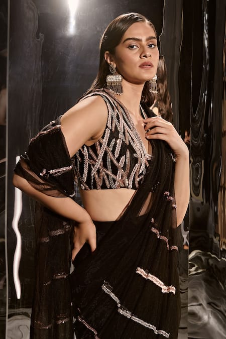Buy Masumi Mewawalla Black Net, Silk, Linen Sequins, Beads, Pre-draped Saree With Embroidered Blouse Online at Aza Fashions Buy_Masumi Mewawalla_Black Net, Silk, Linen Sequins, Beads, Pre-draped Saree With Embroidered Blouse _Online_at_Aza_Fashions