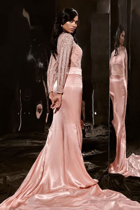 Buy_Masumi Mewawalla_Peach Maheshwari, Net Sequins, Embroidery Round Neck Bodysuit And Trail Skirt Set _Online_at_Aza_Fashions