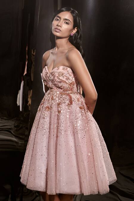 Buy Masumi Mewawalla Pink Net, Linen Sequins, Crystals, Cut Work Sweetheart Beads Embellished Dress Online at Aza Fashions Buy_Masumi Mewawalla_Pink Net, Linen Sequins, Crystals, Cut Work Sweetheart Beads Embellished Dress _Online_at_Aza_Fashions