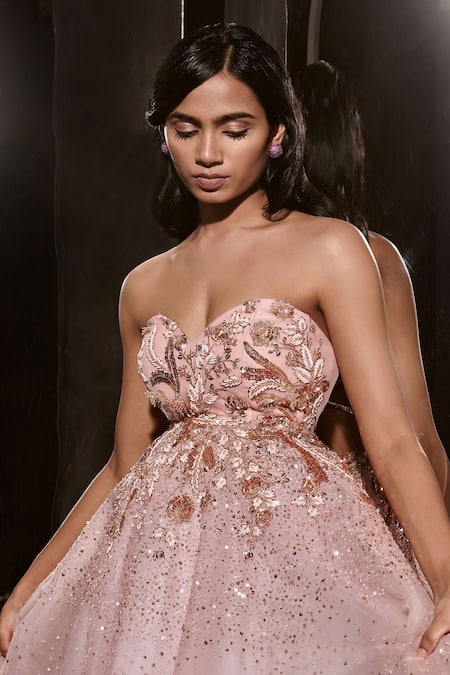 Masumi Mewawalla Pink Net, Linen Sequins, Crystals, Cut Work Sweetheart Beads Embellished Dress Online at Aza Fashions Masumi Mewawalla_Pink Net, Linen Sequins, Crystals, Cut Work Sweetheart Beads Embellished Dress _Online_at_Aza_Fashions