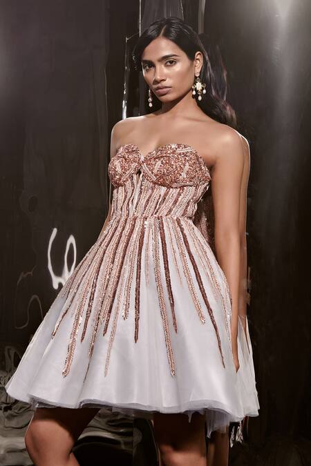 Masumi Mewawalla Blue Net, Linen Sequins, Cut Work Sweetheart Neck Corset Embroidered Dress Online at Aza Fashions Masumi Mewawalla_Blue Net, Linen Sequins, Cut Work Sweetheart Neck Corset Embroidered Dress _Online_at_Aza_Fashions