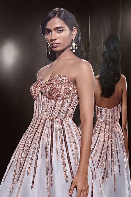 Buy Masumi Mewawalla Blue Net, Linen Sequins, Cut Work Sweetheart Neck Corset Embroidered Dress Online at Aza Fashions Buy_Masumi Mewawalla_Blue Net, Linen Sequins, Cut Work Sweetheart Neck Corset Embroidered Dress _Online_at_Aza_Fashions