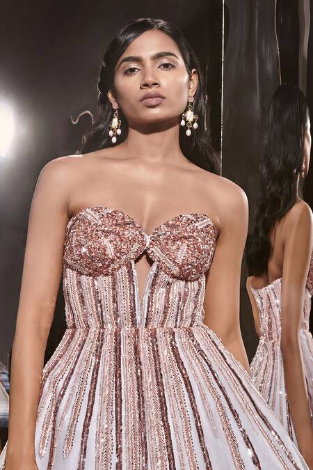 Shop Masumi Mewawalla Blue Net, Linen Sequins, Cut Work Sweetheart Neck Corset Embroidered Dress Online at Aza Fashions Shop_Masumi Mewawalla_Blue Net, Linen Sequins, Cut Work Sweetheart Neck Corset Embroidered Dress _Online_at_Aza_Fashions