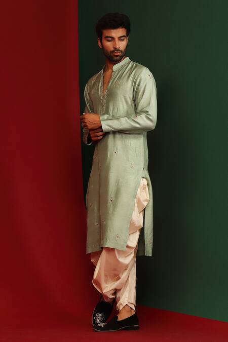 Mahima Mahajan Green Cotton, Raw Silk Sequins Keyan Embroidered Kurta And Dhoti Pant Set Online at Aza Fashions Mahima Mahajan_Green Cotton, Raw Silk Sequins Keyan Embroidered Kurta And Dhoti Pant Set_Online_at_Aza_Fashions