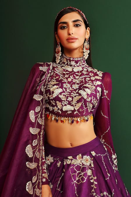 Mahima Mahajan_Wine Raw Silk, Organza, Shantoon Floral Alyssa Embroidered Bridal Lehenga Set_Online_at_Aza_Fashions