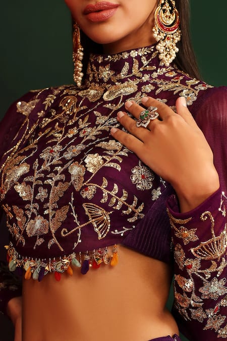 Buy_Mahima Mahajan_Wine Raw Silk, Organza, Shantoon Floral Alyssa Embroidered Bridal Lehenga Set_Online_at_Aza_Fashions