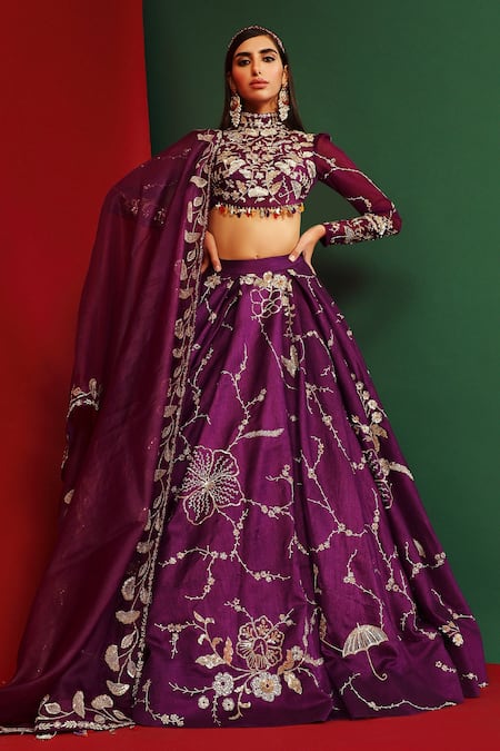 Shop_Mahima Mahajan_Wine Raw Silk, Organza, Shantoon Floral Alyssa Embroidered Bridal Lehenga Set_Online_at_Aza_Fashions