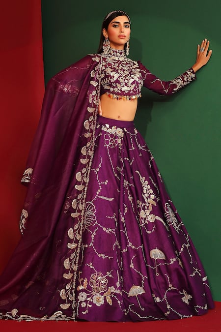 Mahima Mahajan_Wine Raw Silk, Organza, Shantoon Floral Alyssa Embroidered Bridal Lehenga Set_at_Aza_Fashions