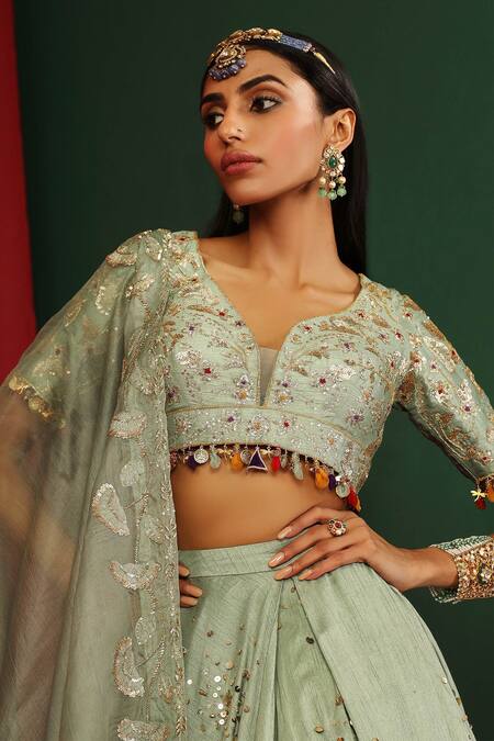 Buy_Mahima Mahajan_Green Raw Silk, Organza, Shantoon Floral Zeba Embroidered Bridal Lehenga Set_Online_at_Aza_Fashions