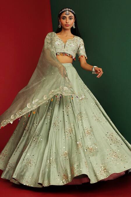 Mahima Mahajan_Green Raw Silk, Organza, Shantoon Floral Zeba Embroidered Bridal Lehenga Set_at_Aza_Fashions