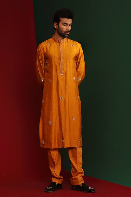 Mahima Mahajan_Yellow Raw Silk Embroidered Sequins Krish Kurta And Pant Set_Online_at_Aza_Fashions