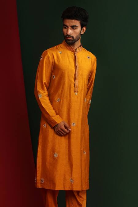 Buy_Mahima Mahajan_Yellow Raw Silk Embroidered Sequins Krish Kurta And Pant Set_Online_at_Aza_Fashions