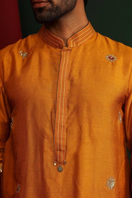 Shop_Mahima Mahajan_Yellow Raw Silk Embroidered Sequins Krish Kurta And Pant Set_Online_at_Aza_Fashions