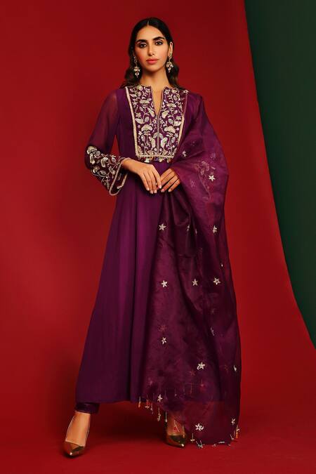Mahima Mahajan_Wine Georgette, Cotton Satin Lycra And Shantoon Shriya Embroidered Kurta Set_Online_at_Aza_Fashions
