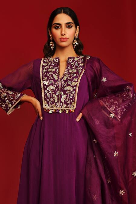 Buy_Mahima Mahajan_Wine Georgette, Cotton Satin Lycra And Shantoon Shriya Embroidered Kurta Set_Online_at_Aza_Fashions