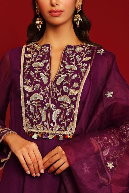 Shop_Mahima Mahajan_Wine Georgette, Cotton Satin Lycra And Shantoon Shriya Embroidered Kurta Set_Online_at_Aza_Fashions