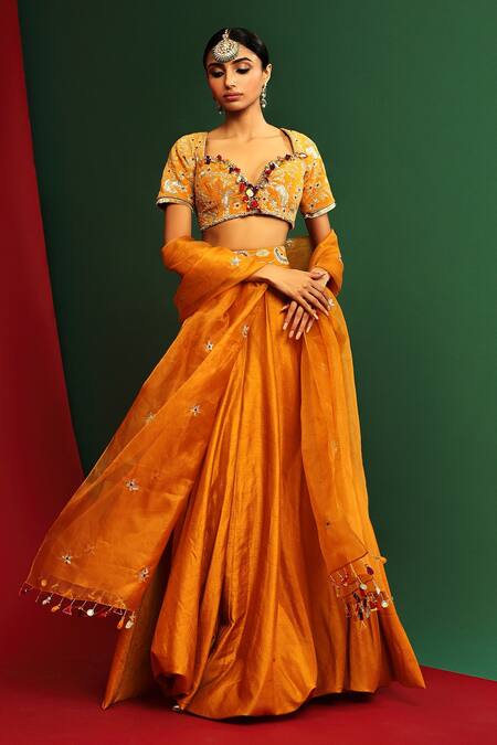 Mahima Mahajan_Yellow Raw Silk, Velvet, Organza And Adira Waistband Embroidered Lehenga Set_Online_at_Aza_Fashions