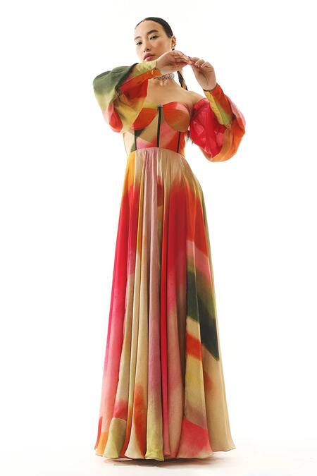 Mahima Mahajan_Multi Color Organza Satin And Shantoon One Shoulder Printed Off Gown_Online_at_Aza_Fashions