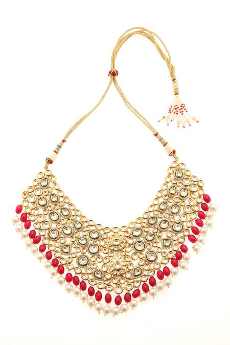 Minaki_Red Pearls, Beads, Diamonds Geometric Kundan Embellished Necklace Set _Online_at_Aza_Fashions