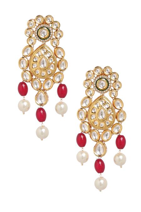 Buy_Minaki_Red Pearls, Beads, Diamonds Geometric Kundan Embellished Necklace Set _Online_at_Aza_Fashions