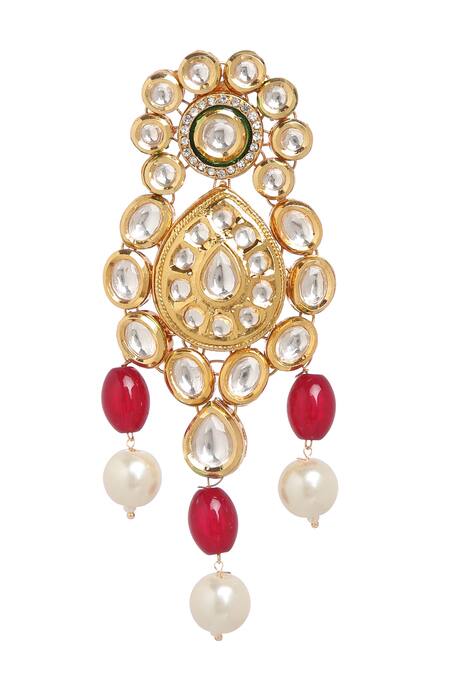 Minaki_Red Pearls, Beads, Diamonds Geometric Kundan Embellished Necklace Set _at_Aza_Fashions