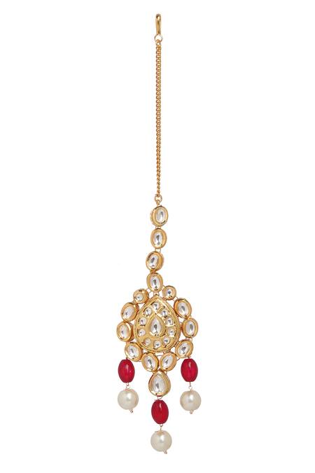Shop_Minaki_Red Pearls, Beads, Diamonds Geometric Kundan Embellished Necklace Set _Online_at_Aza_Fashions