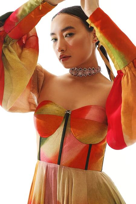 Shop_Mahima Mahajan_Multi Color Organza Satin And Shantoon One Shoulder Printed Off Gown_Online_at_Aza_Fashions