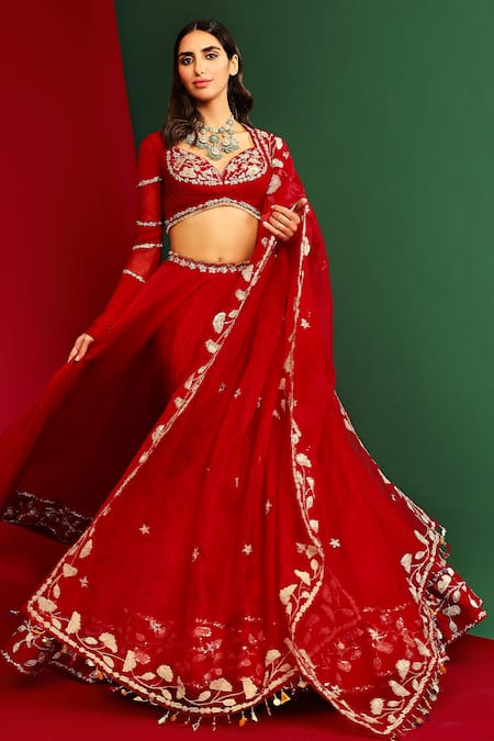 Shop_Mahima Mahajan_Red Raw Silk, Organza, Georgette And Shantoon Thread Rena Embroidered Lehenga Set _Online_at_Aza_Fashions