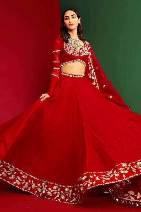 Mahima Mahajan_Red Raw Silk, Organza, Georgette And Shantoon Thread Rena Embroidered Lehenga Set _at_Aza_Fashions