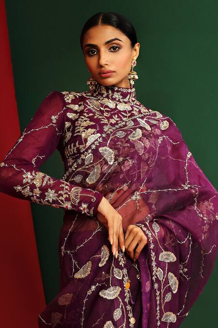 Buy_Mahima Mahajan_Wine Georgette, Organza And Cotton Lycra, Viara Pre-stitched Saree With Blouse_Online_at_Aza_Fashions