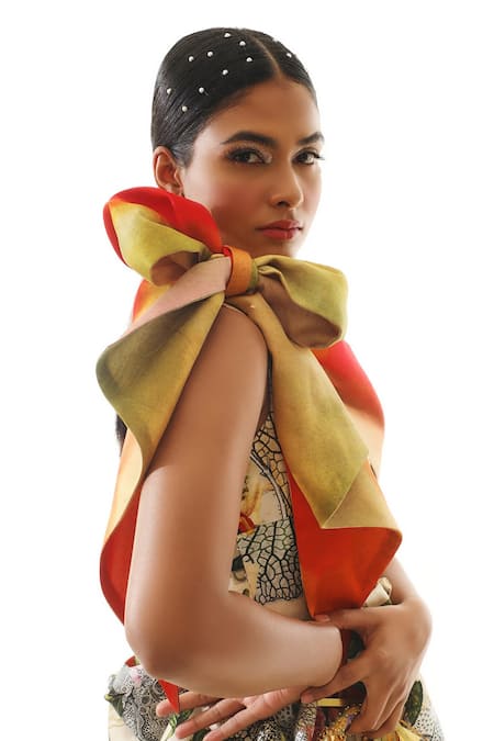 Buy_Mahima Mahajan_Ivory Silk, Polyester Embroidery One Shoulder Printed Dress _Online_at_Aza_Fashions