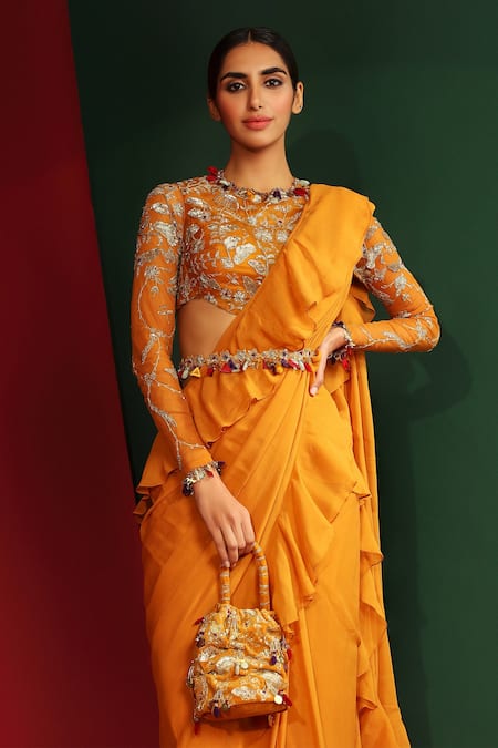 Yellow Floral Printed Satin Silk Blouse – Mahitha Prasad